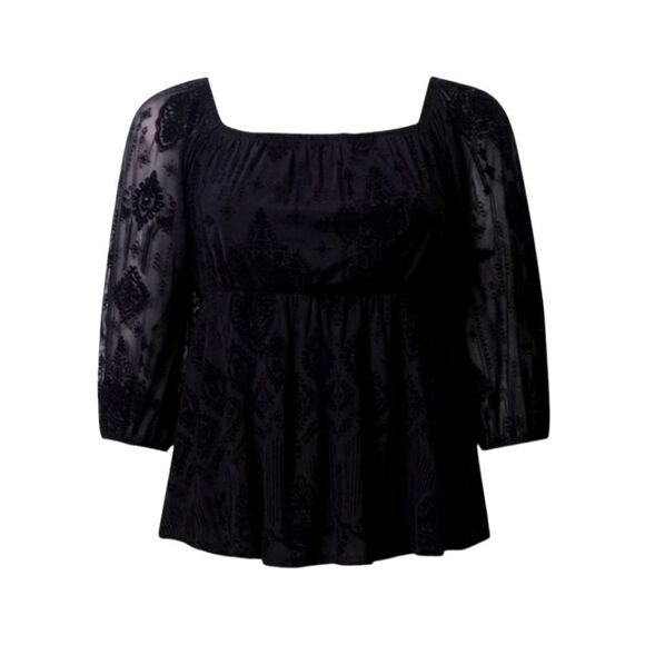 TORRID Flocked Black Mesh Square Kneck Puff Sleeve Phesant Top. 2X - Picture 9 of 16